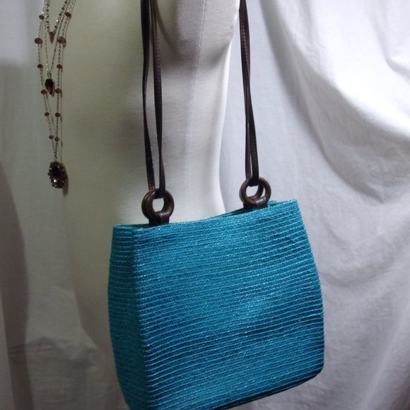 St. John's Bay Teal Blue Straw Handbag Brown Trim - Picture 1 of 5